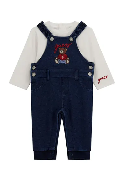 Set de bluza si salopeta cu logo brodat - 2 Piese - Rosu/Alb murdar/Bleumarin