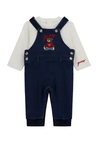 Set de bluza si salopeta cu logo brodat - 2 Piese - Rosu/Alb murdar/Bleumarin