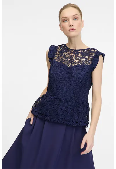Bluza fara maneci cu broderie - Albastru indigo