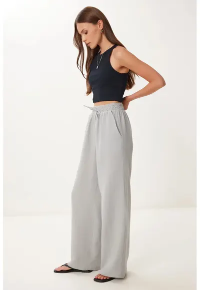 Pantaloni dama - Happiness Istanbul - talie cu snur - croiala larga - gri - 100% bumbac