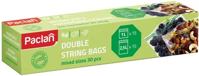 Pungi cu fermoar de uz casnic Paclan - Double String, 15 buc. x 1 l+15 buc. x 2.5 l