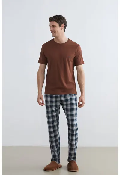 Pijama de pijama din bumbac cu buzunare laterale - Gri/Maro deschis/Albastru petrol