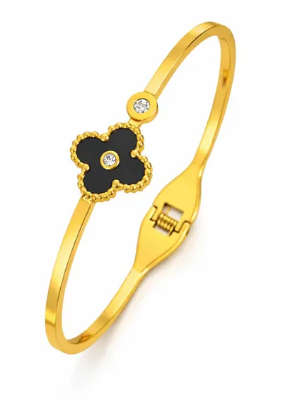 Bratara aurie - tip bangle - din otel inoxidabil - suflata cu aur 18k - cu zirconii si trifoi - Miravel C7