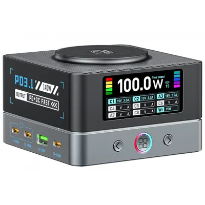 Incarcator Statie OEM WLX-R8A QI, 140W, 5A, 2 x USB-A - 6 x USB-C, Gri