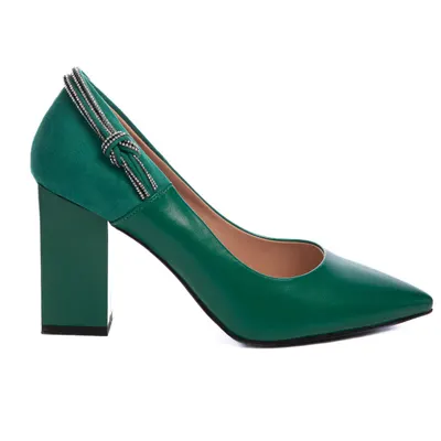 Pantofi Eleganti din Piele Ecologica cu toc Gros CRL0730 Verde