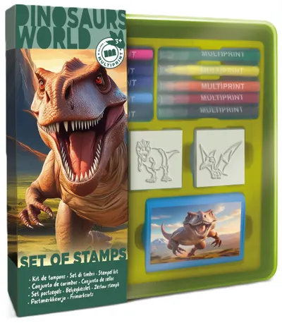Set de ștampile Multiprint Dinosaurs World - 4 buc, cu 10 carioci