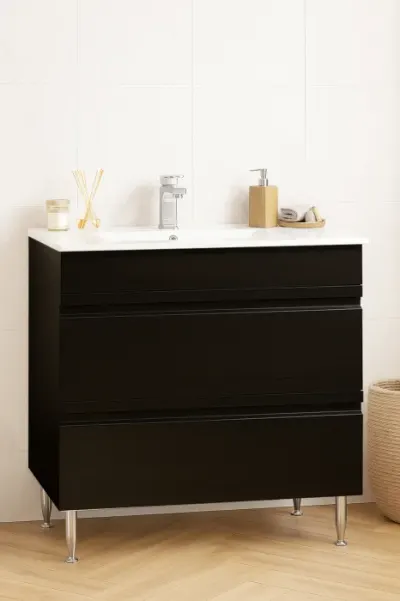 Set Baza front MDF si Lavoar seria 086, cu sertare, montat, 80 cm, negru
