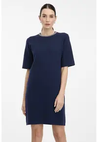 Rochie scurta cu decolteu cu strasuri - Bleumarin