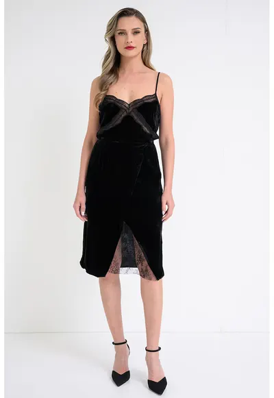 Fusta midi de catifea cu insertie florala din dantela - Negru
