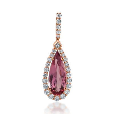 Pandantiv lacrima din aur roz cu turmalina roz taietura pear si diamante de 2.17ct