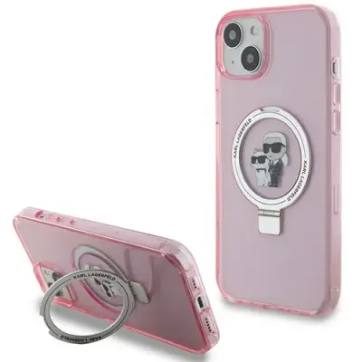 Husa MagSafe pentru Apple iPhone 15 Plus, Karl Lagerfeld, Ring Stand Karl & Choupette, Roz