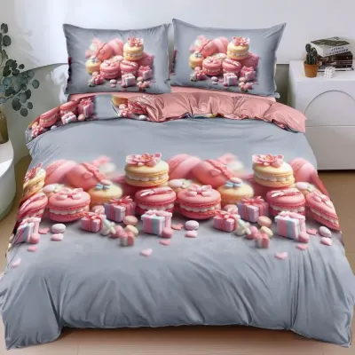 Lenjerie pat dublu bumbac satinat - 3 Bucati 219 Lei - Bleu Roz macarons