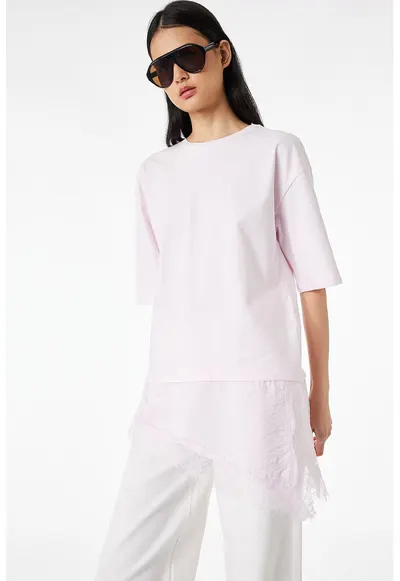 Tricou cu maneci medii si garnitura de dantela - Roz pal