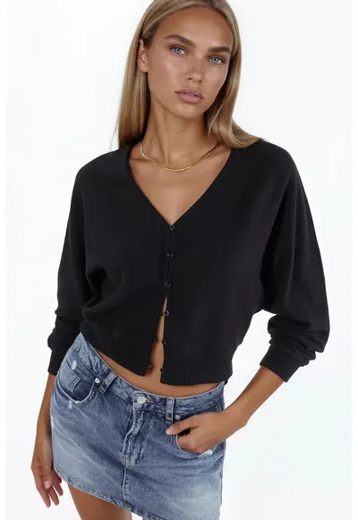 Cardigan scurt negru - tricot din amestec de bumbac - poliester si elastan - decolteu in V - maneci lungi