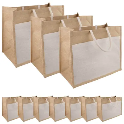vidaXL Purse din iută cu buzunar 10 Natural și Alb 42 x 33 x 19 cm
