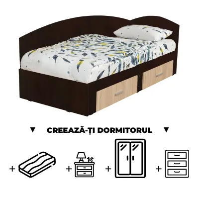 Creeaza-ti Dormitorul ALMA, sonoma inchis + sonoma deschis, de la Pat Colt Alma 120x200 cm, cu 2 sertare laterale pe role, adauga Saltea, Noptiere, Comoda, Dulap