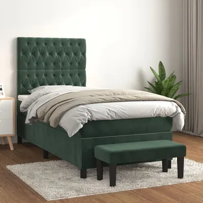 Gossi pat box spring cu saltea, verde inchis, 90x190 cm, catifea