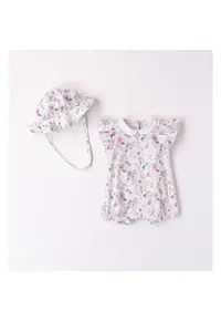 Salopeta scurta cu imprimeu floral si palarie asortata pentru fetita nou nascut - 3.8715 - Roz