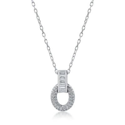 Lant cu pandantiv geometric din aur alb cu diamante baguette si rotunde de 0.51ct