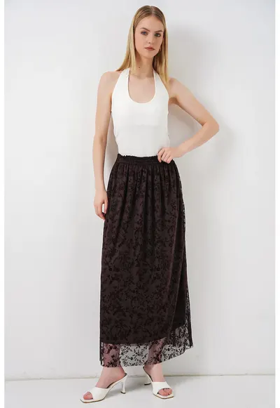 Fusta Maxi Floral - Casual - Culoare Maro Mocha - 100% Bumbac - Fara Inchidere