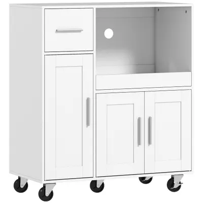 HOMCOM Dulap pentru cuptorul cu microunde din lemn, cu sertar, 2 dulapuri, raft deschis și blat ajustabil, 80x40x88.7 cm, alb | Aosom Romania