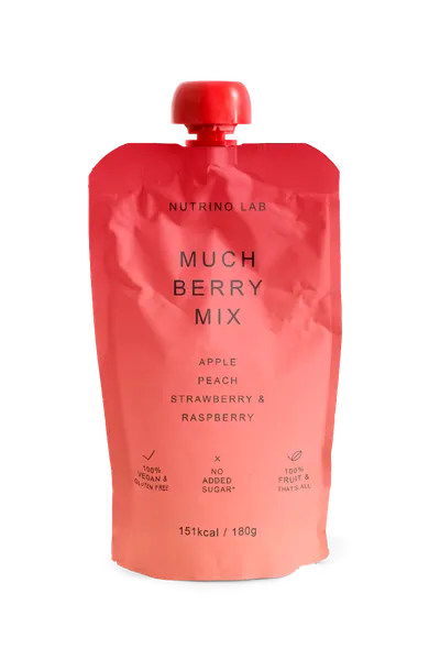 Piure pasteurizat din fructe cu mere piersici capsuni si zmeura, 180g, Nutrino Lab