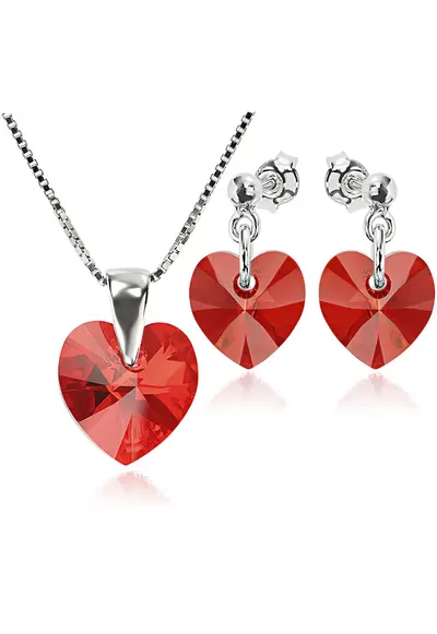 Set Argint 925 placat cu rodiu cu cristale Swarovski® Heart 10 mm Surub + Lant - Rosu