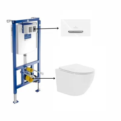Set vas wc suspendat, tornado, alb, Fluminia Ricci cu rezervor incastrat si clapeta de actionare dual-flush, alba cu 2 butoane cromate, VilleroyBoch ViConnect
