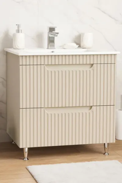 Set Baza front MDF si Lavoar seria 033, cu sertare, montat, 80 cm, crem