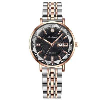Ceas dama Poedagar CS1372, otel inoxidabil, argintiu-rose gold, cadran negru