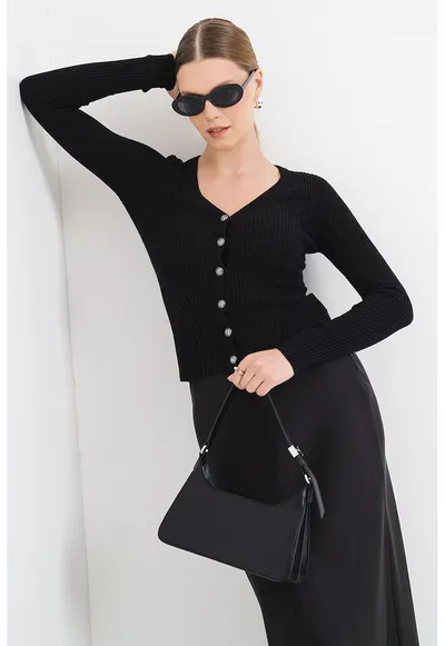 Cardigan cambrat din amestec de casmir si matase - Negru