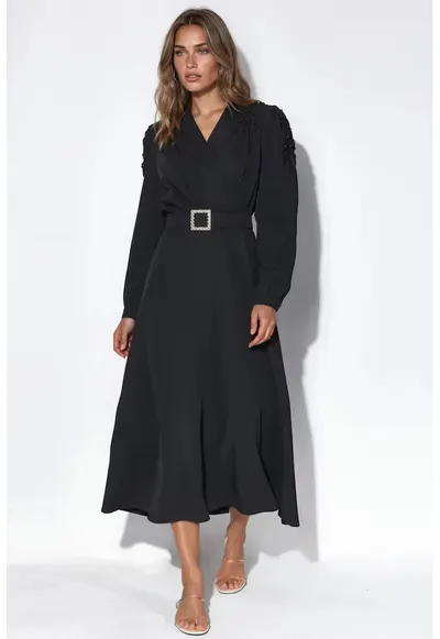 Rochie midi - A-line - neagra - cu curea - din poliester si lycra