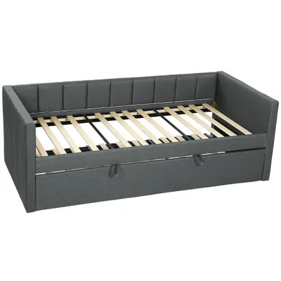 HOMCOM Cadru Pat Simplu 90x190 cm, Canapea cu Al Doilea Pat Extensibil, Tetieră Căptușită, Cotiere, Lamele din Lemn de Plop, pentru Cameră Living Oaspeți, Fără Saltea, Gri Închis | Aosom Romania