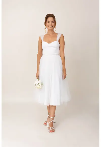 Rochie midi evazata cu model cu funde - Alb