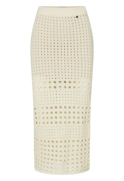 Fusta midi dreapta tricotata cu aspect perforat - Galben pal