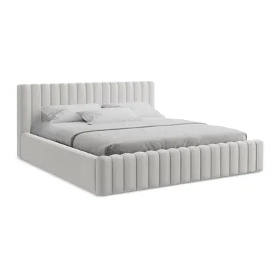 Pat matrimonial argintiu tapițat cu spațiu de depozitare cu somieră 180x200 cm Lemi – Makamii