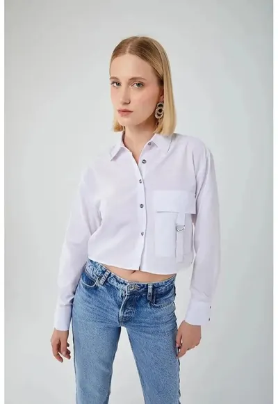 Camasa scurta detaliu buzunar - alb prafuit - textil