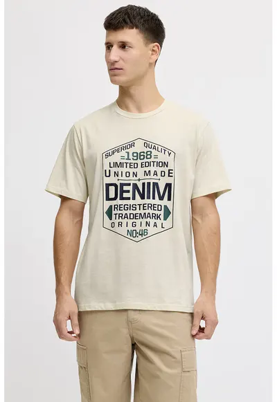 Tricou din amestec de bumbac cu imprimeu text - Crem