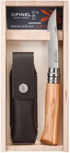 Set cuțit cu teacă Opinel Inox - №8, în cutie de lemn