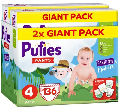 Scutece chilotei Pufies Fashion & Nature - Mărimea 4, 136 bucăți, 9-15 kg, Giant Pack