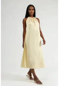 Rochie lunga detalii drapate - galben - modal|poliester