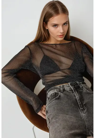 Bluza transparenta cu maneci lungi slim fit - neagra - Negru
