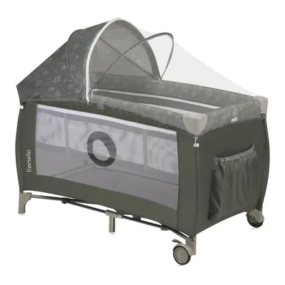 Patut pliabil, Lionelo, Sven Plus, 120x60 cm, Cu doua nivele, Cu arcada jucarii, masuta de infasat, vibratii, melodii, conform cu standardele europeane de securitate EN716 si EN12221, Bej Olive