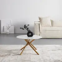 RESIGILAT - Masa de Cafea Rotunda 70x70x44 cm cu Blat Alb si Picioare Auriu – Design Modern Premium