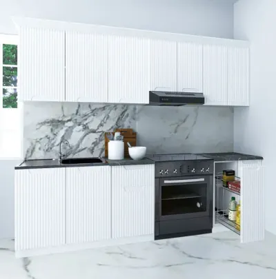 Set bucatarie SPACE 240 cm, 8 corpuri, corp Jolly, blat termorezistent, fronturi MDF, alb rustic