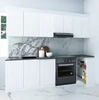 Set bucatarie SPACE 240 cm, 8 corpuri, corp Jolly, blat termorezistent, fronturi MDF, alb rustic