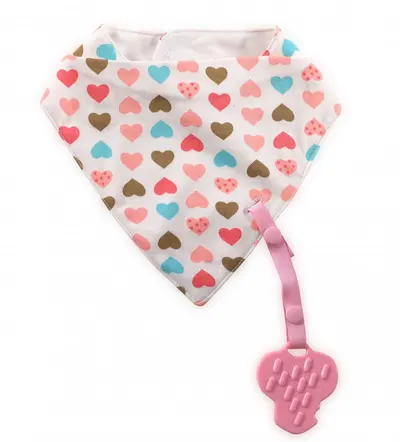Baveta tip bandana cu snur si jucarie dentitie bumbac Girl roz