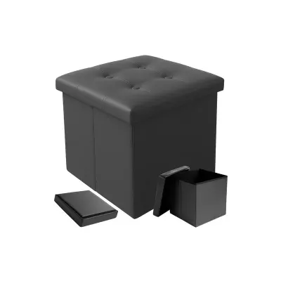 Taburet cu spatiu de depozitare, pliabil, capacitate 39 litri, maxim 100 kg, piele ecologica, 38x38x38 cm, gri