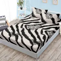 Cearsaf cu elastic, FINET, 180x200cm, 2 fete de perne 50x70cm, Bej, Negru, animal print, inimioare