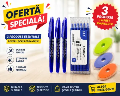 Pachet BIA cu Ștergere – 3 Pixuri Albastre + Set 6 Rezerve + 1 Radieră